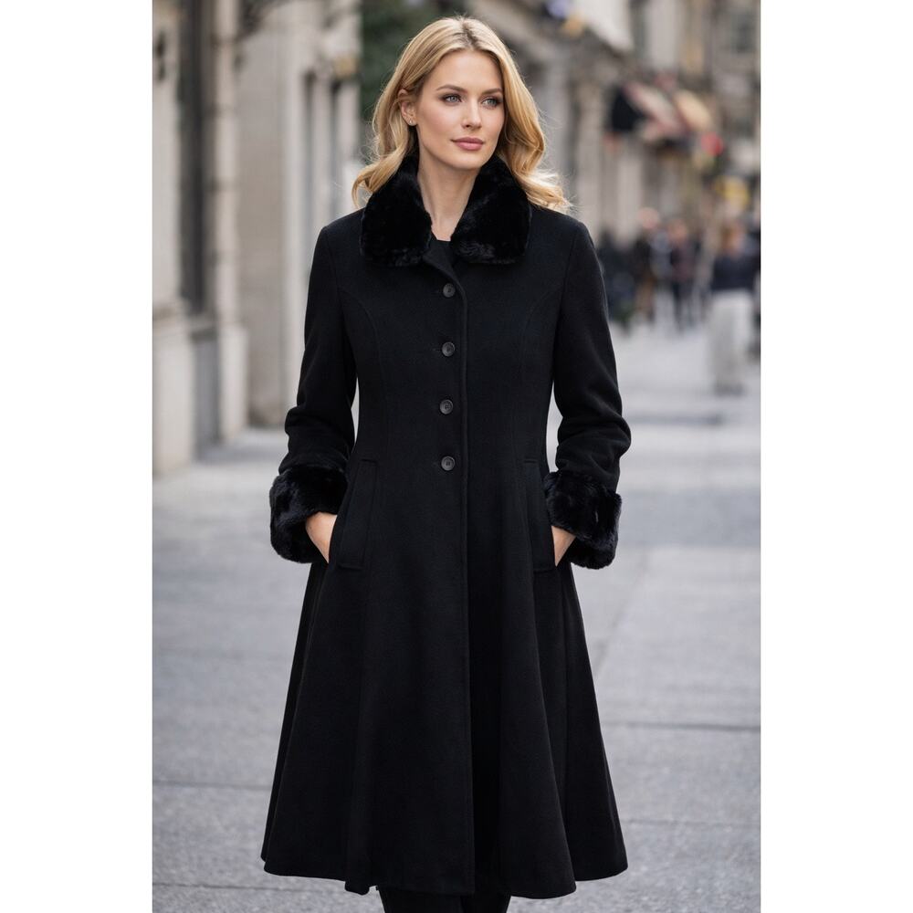 SEARLE BLATT STUDIO Sz 12 Black Cashmere Full-Length Coat Fur Trim Vintage